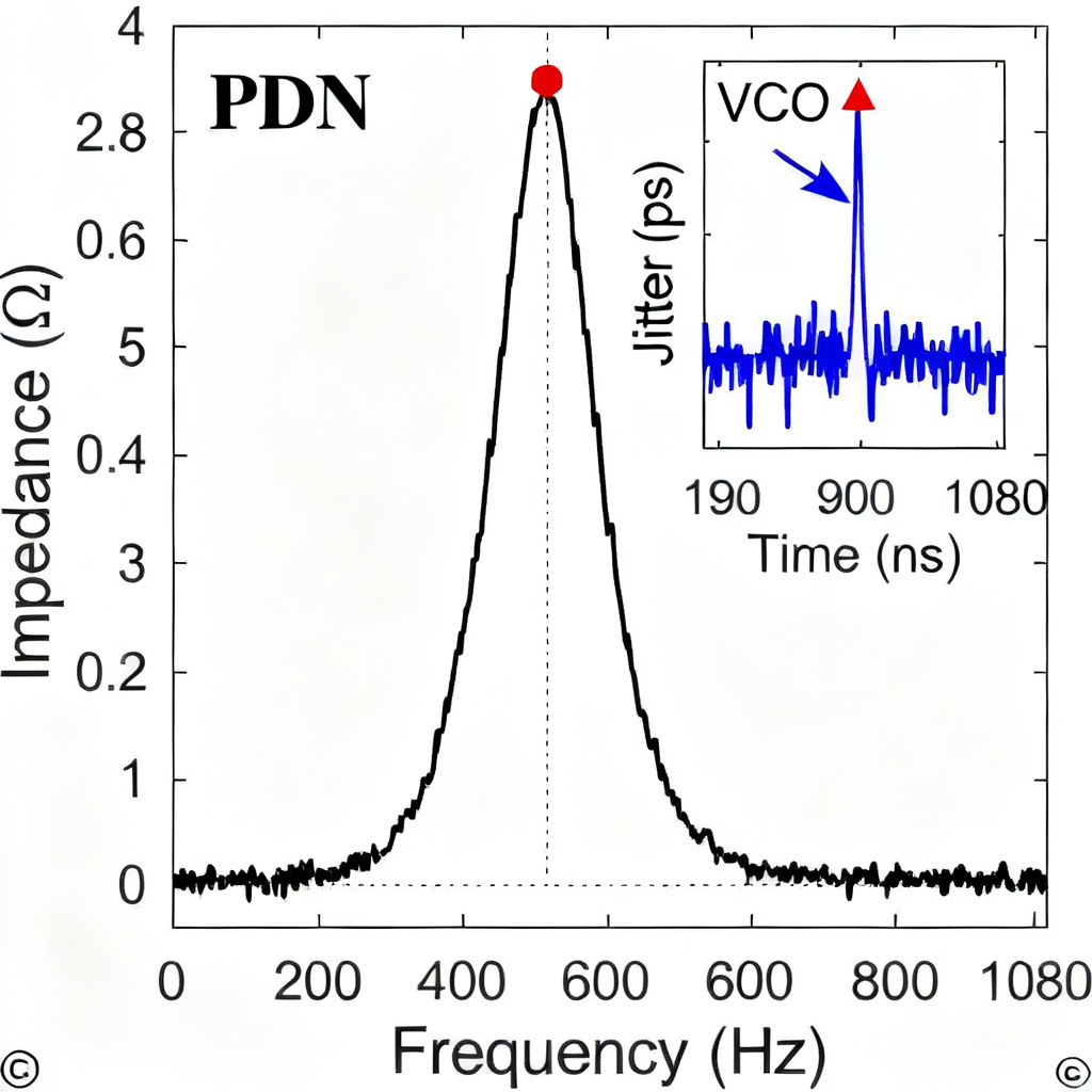PDN impedance resonance causing jitter in high speed PCB VCO and buffer