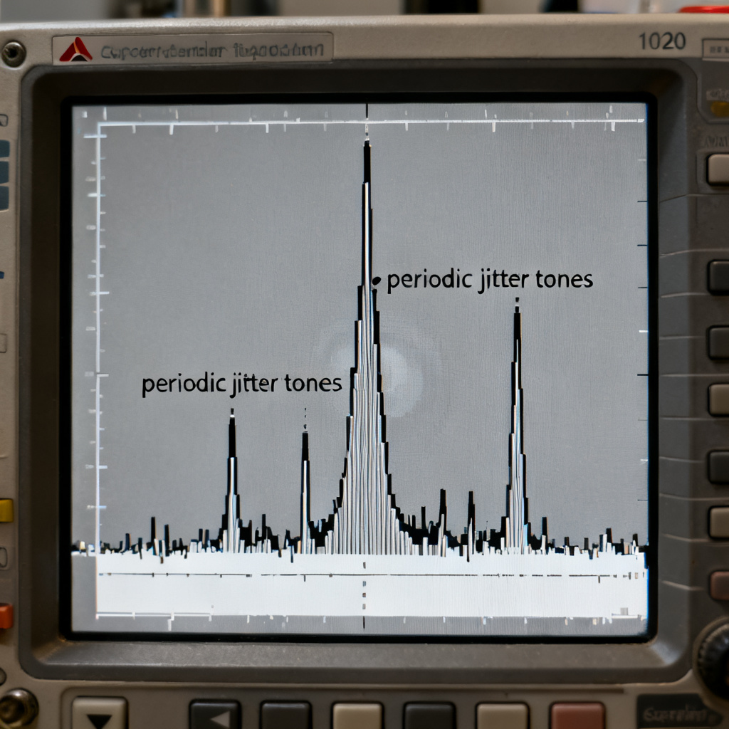 Periodic jitter sidebands shown on spectrum analyzer display for high speed PCB signal integrity analysis
