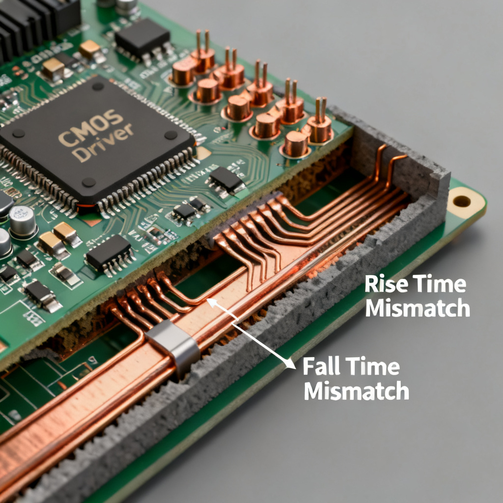 Physics of rise and fall time mismatch in High Speed PCB showing CMOS driver and parasitic elements