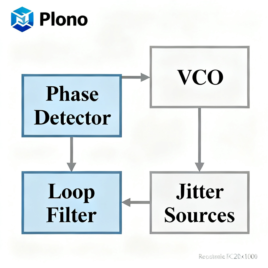 PLL architecture and jitter sources in High Speed PCB showing VCO phase noise and reference clock cleanup