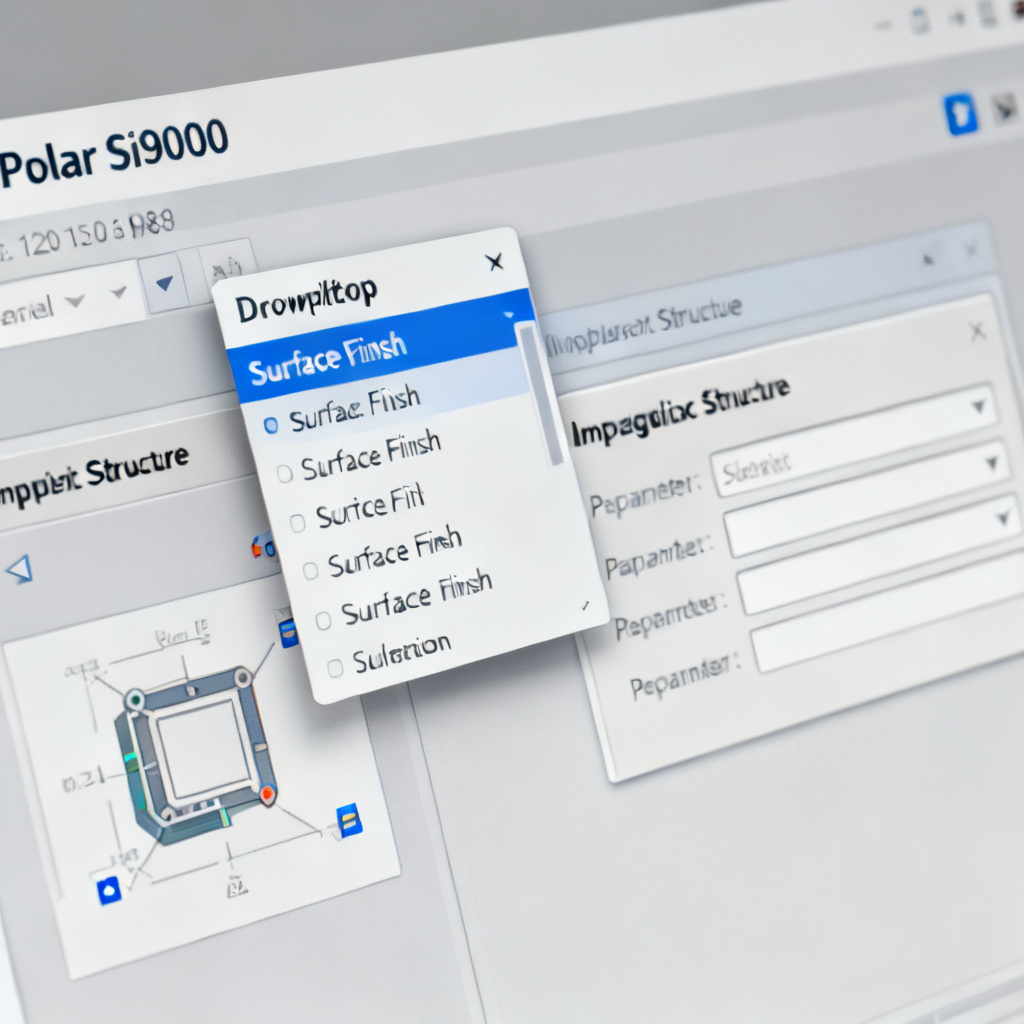 Polar Si9000 interface setup for impedance control PCB calculation showing surface finish selection