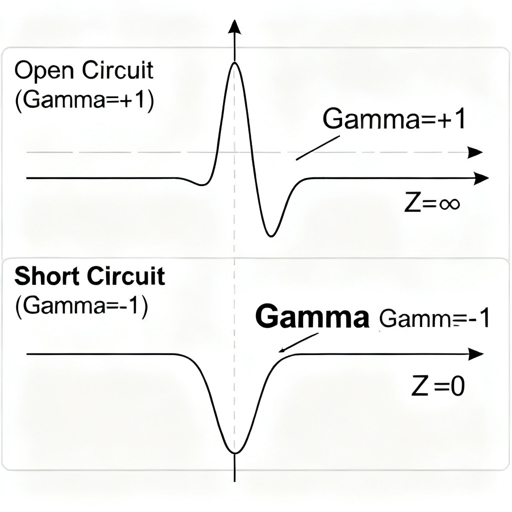 Reflection coefficient diagram comparing open circuit and short circuit in transmission line