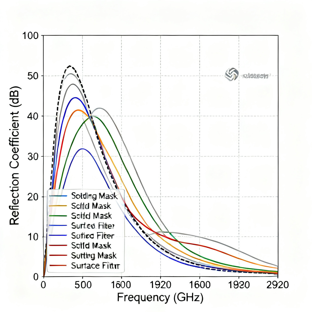 Reflection coefficient graph quantifying how solder mask and surface finish create minor reflections in transmission line