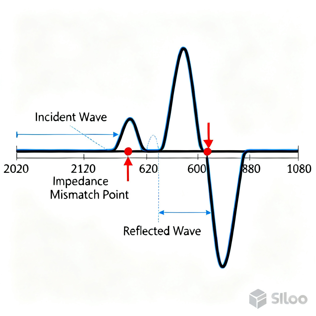 Reflection coefficient and VSWR diagram showing incident and reflected waves on transmission line