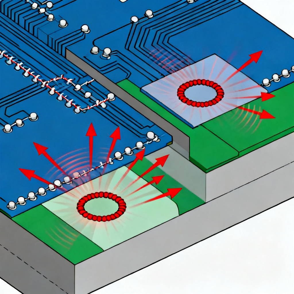 Return current loop area comparison with and without stitching vias for EMI reduction in high-speed PCB