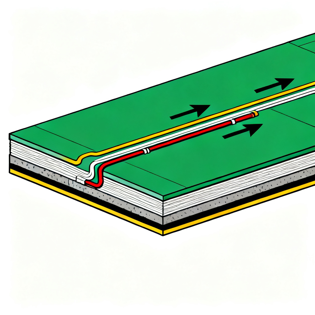 Return current path hugging signal trace on microstrip PCB showing ground bounce mechanism