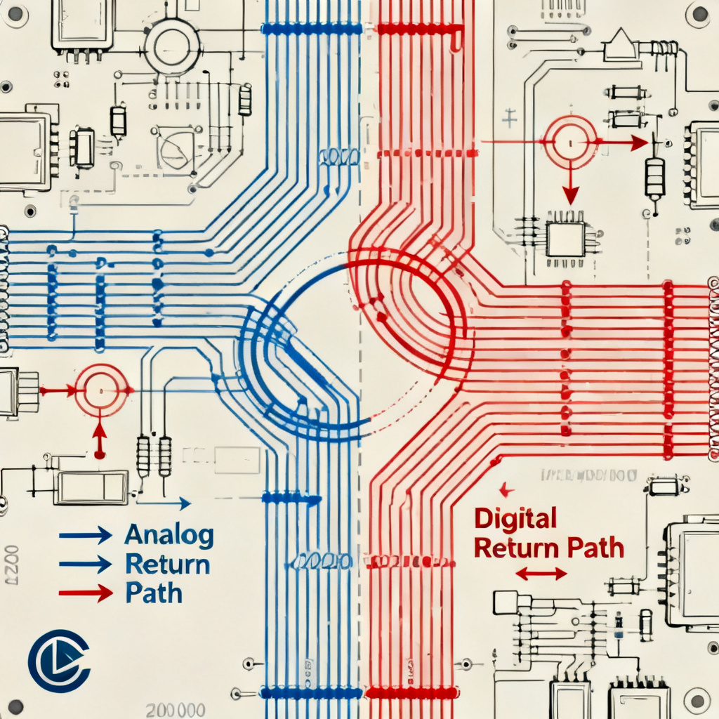 Return current path visualization on mixed-signal PCB showing analog and digital signal loops