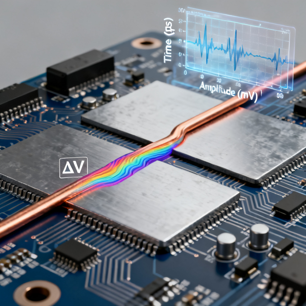 Return path discontinuity jitter mechanism showing voltage drop and timing error in high speed PCB