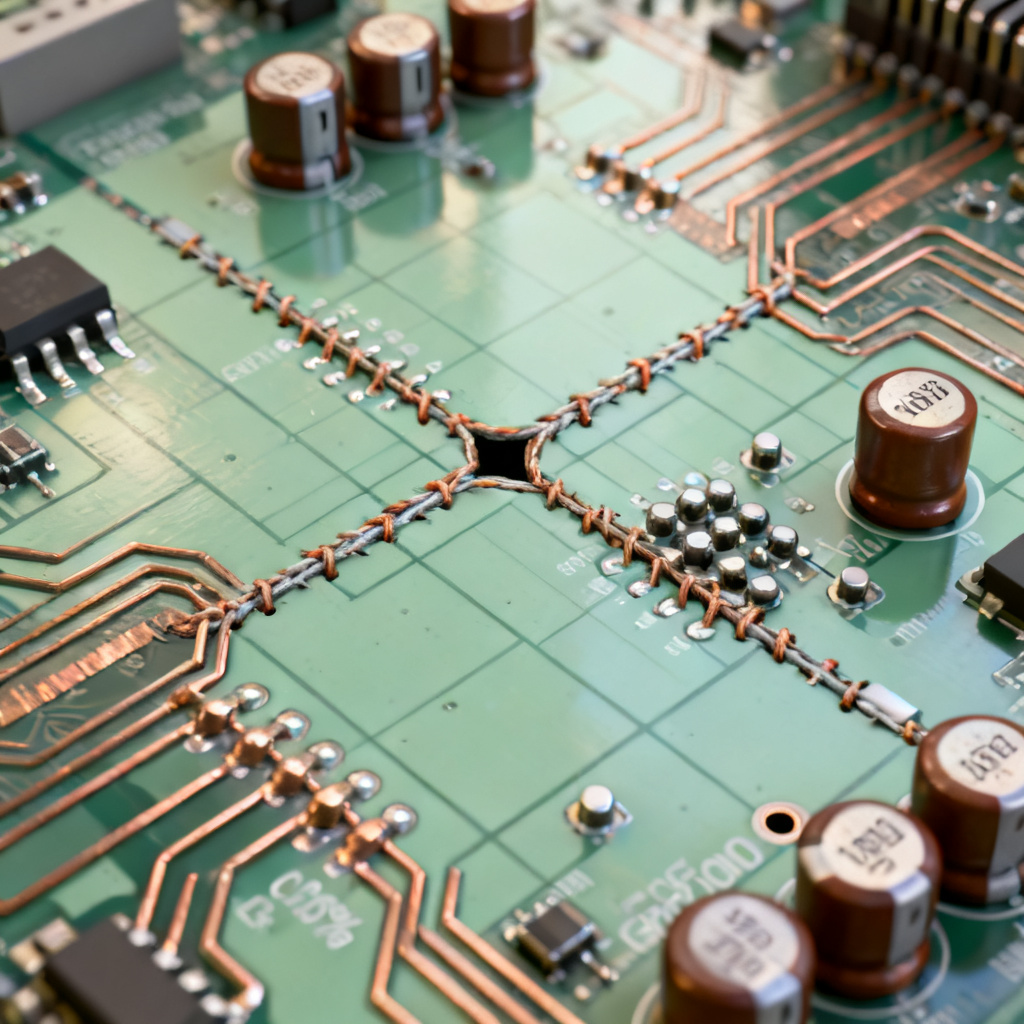 Return path discontinuity mitigation strategies showing stitching capacitors and ground vias in high speed PCB