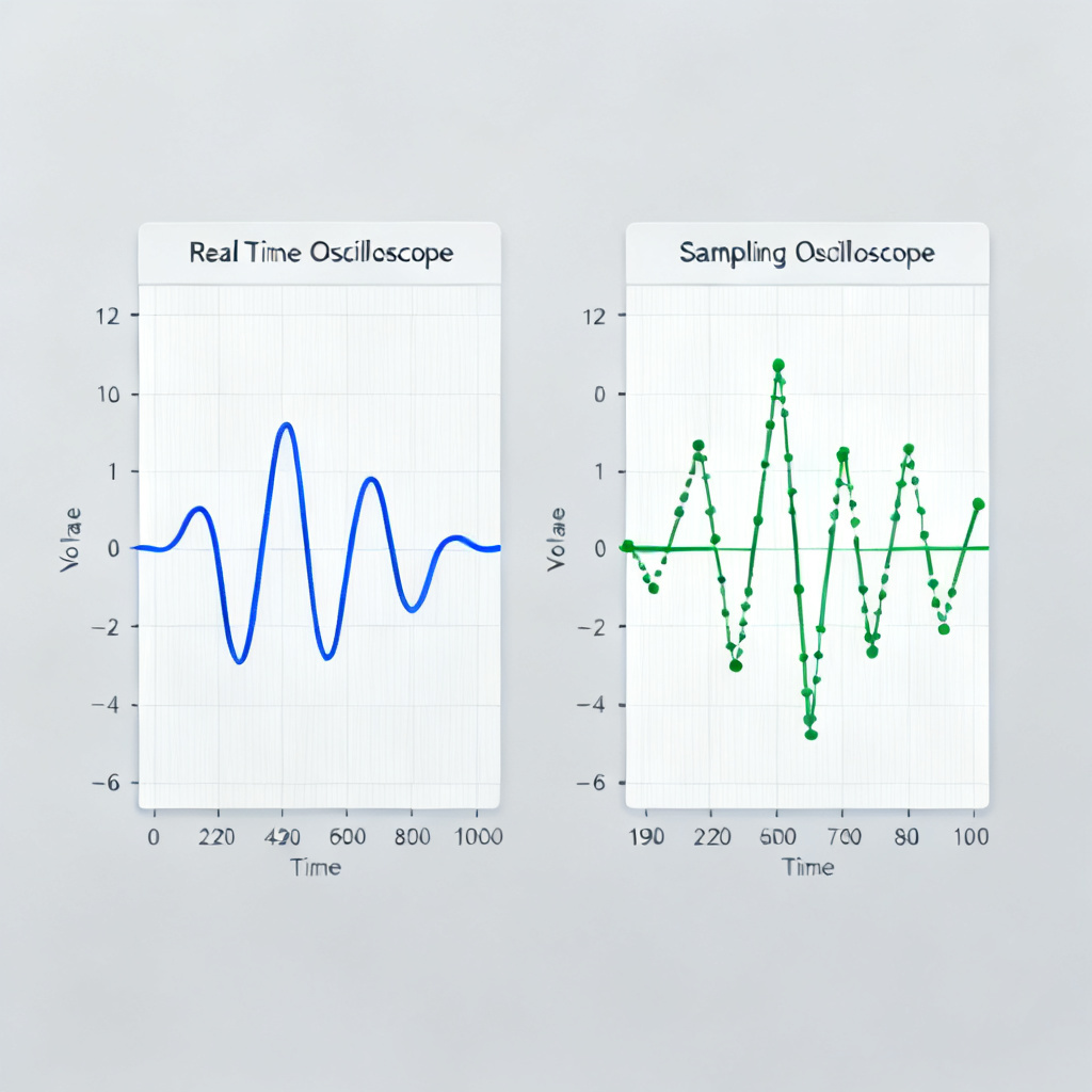 Comparison chart Real Time Oscilloscope versus Sampling Oscilloscope for jitter in high speed PCB testing