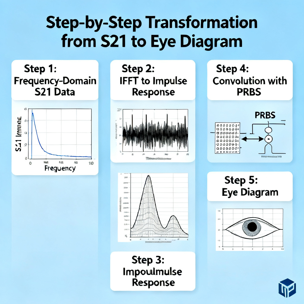 Signal processing flow from S-parameters to eye diagram showing IFFT and convolution steps