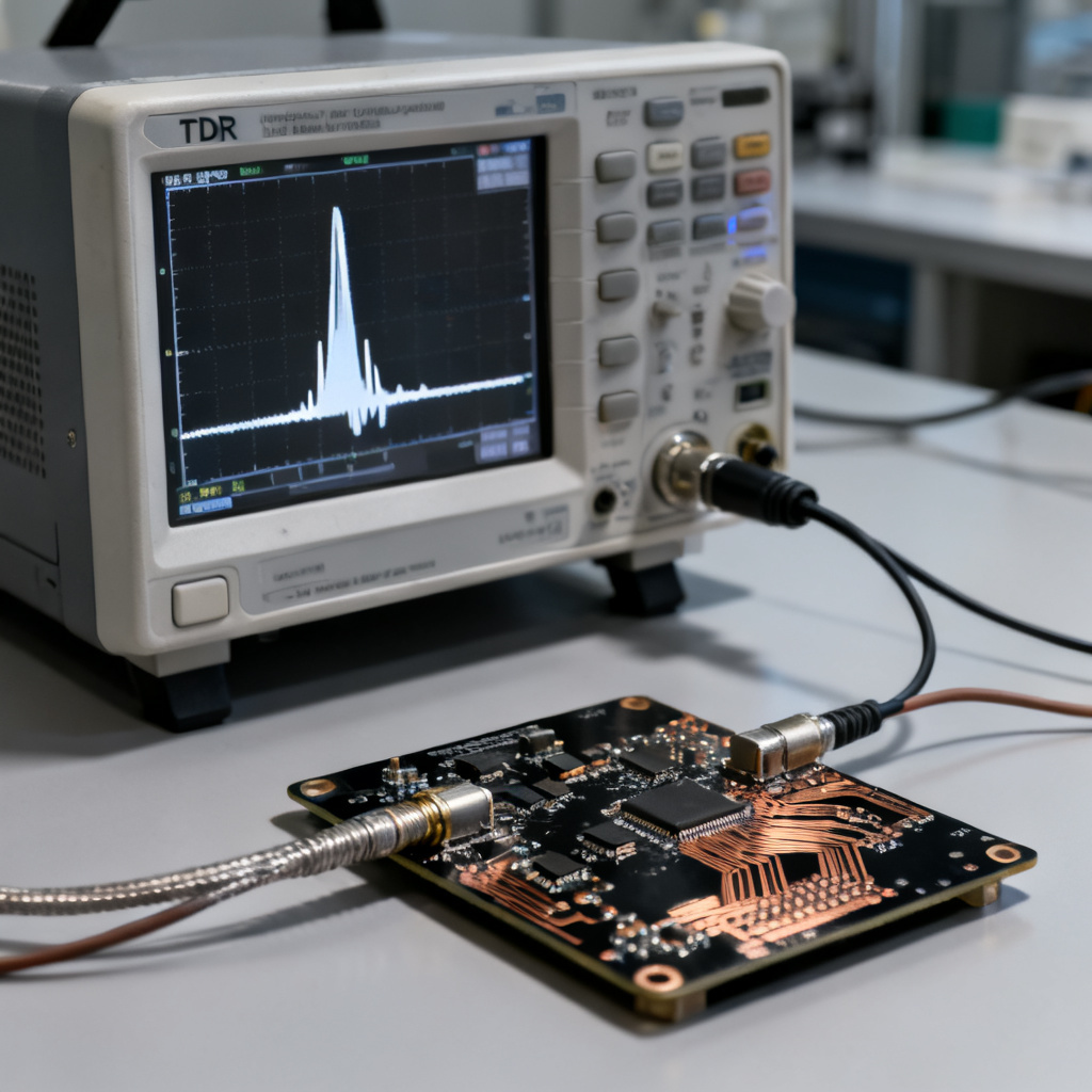TDR measurement showing impedance spike from return path discontinuity in PCB design