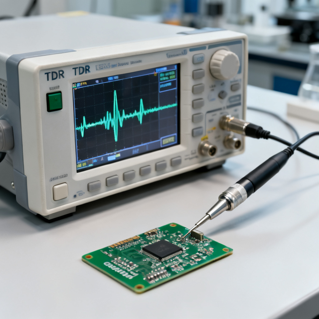 TDR measurement setup for impedance control PCB test vehicle with probe and oscilloscope