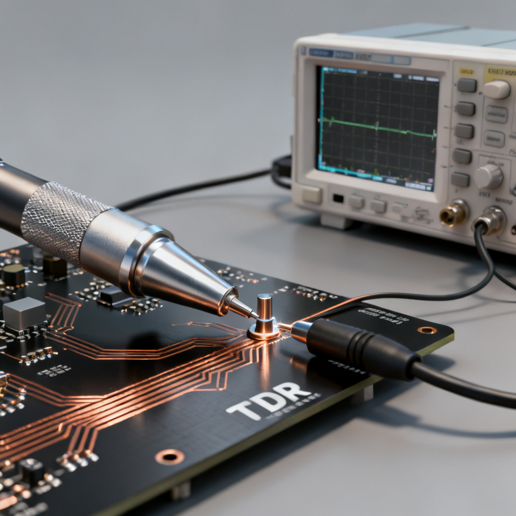TDR reflection measurement setup with oscilloscope and probe on high-speed PCB