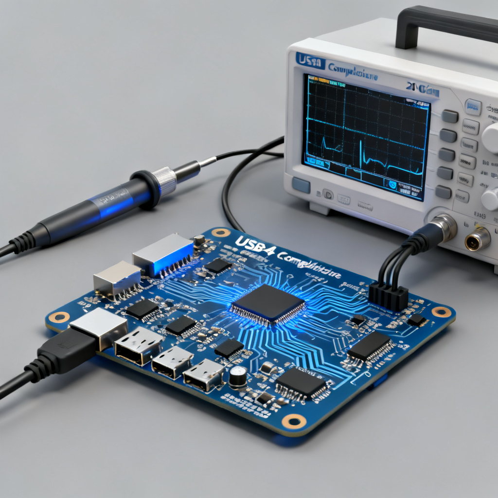 USB4 eye diagram PCB test setup overview showing oscilloscope and compliance board
