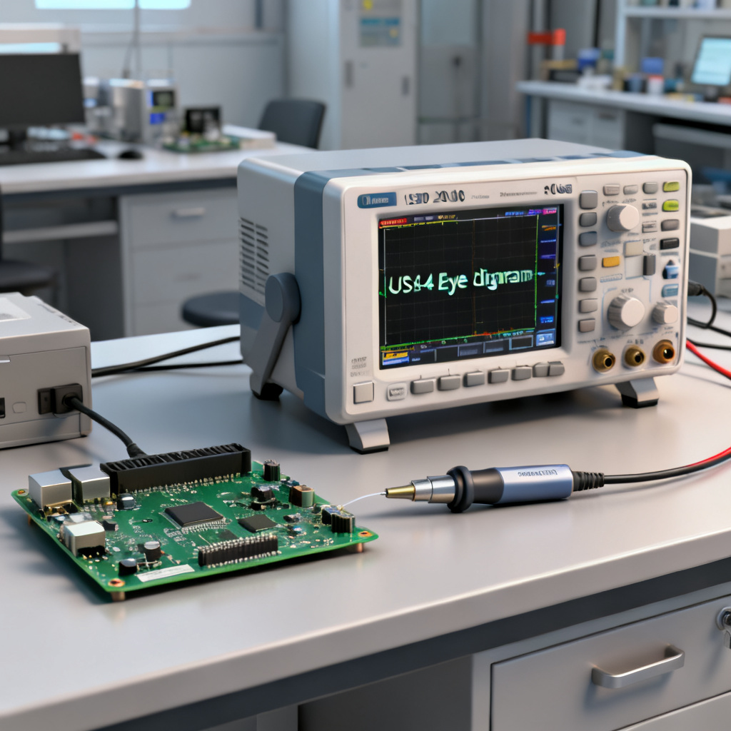USB4 eye diagram test setup equipment including oscilloscope differential probe and compliance board
