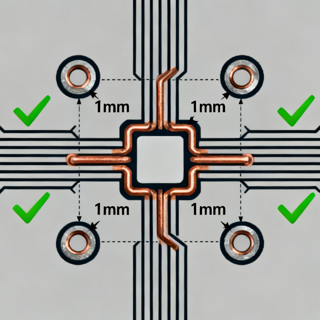 Via stitching verification for return path PCB design validation showing ground vias near signal vias