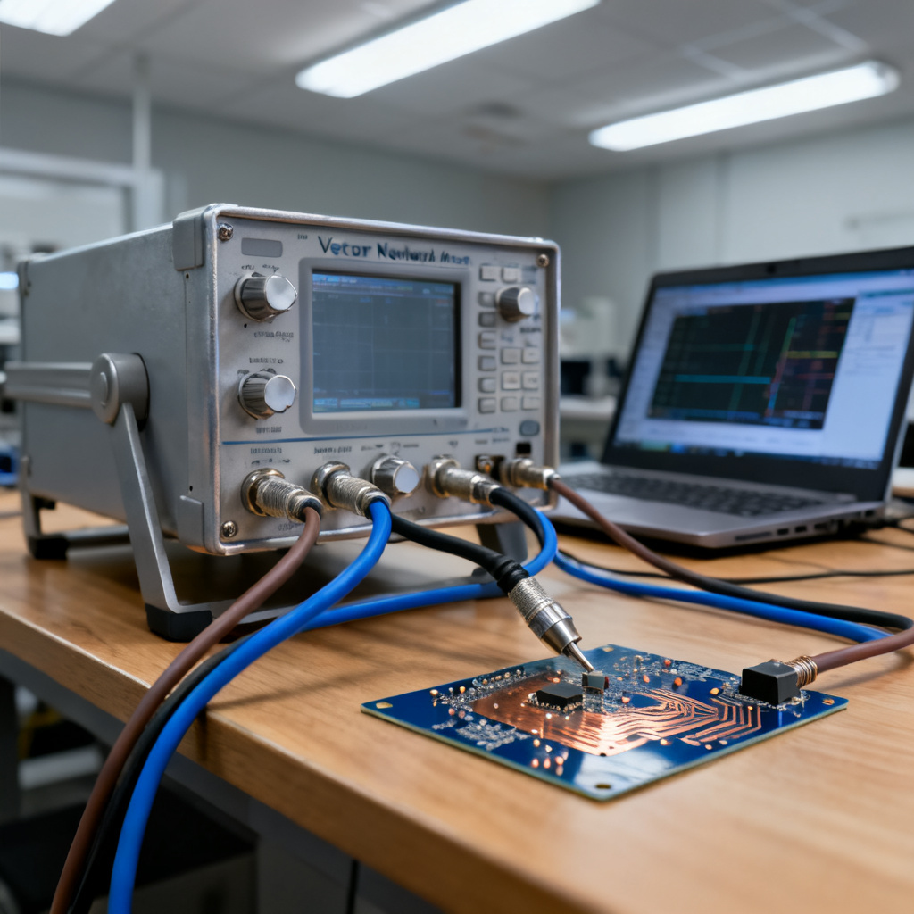 VNA measurement setup for PCB testing showing reflection coefficient and VSWR analysis