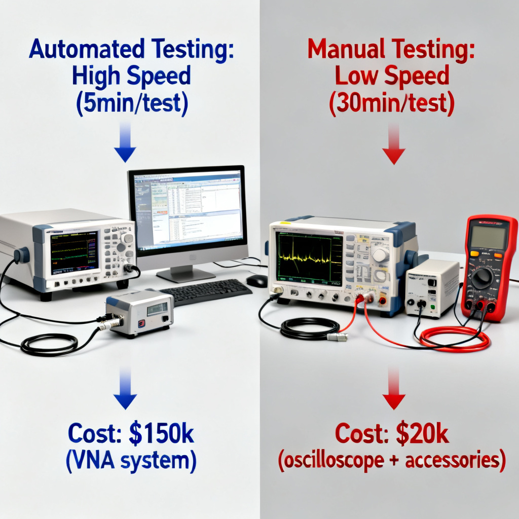 VNA vs oscilloscope comparison for eye diagram PCB testing showing setup differences