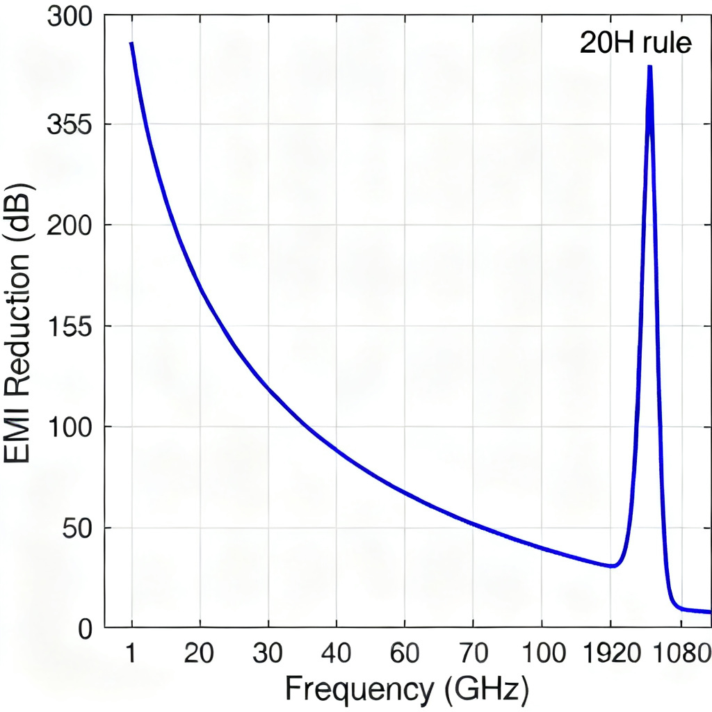 Frequency effectiveness graph for 20H rule EMI EMC high speed PCB showing diminishing returns above 1 GHz