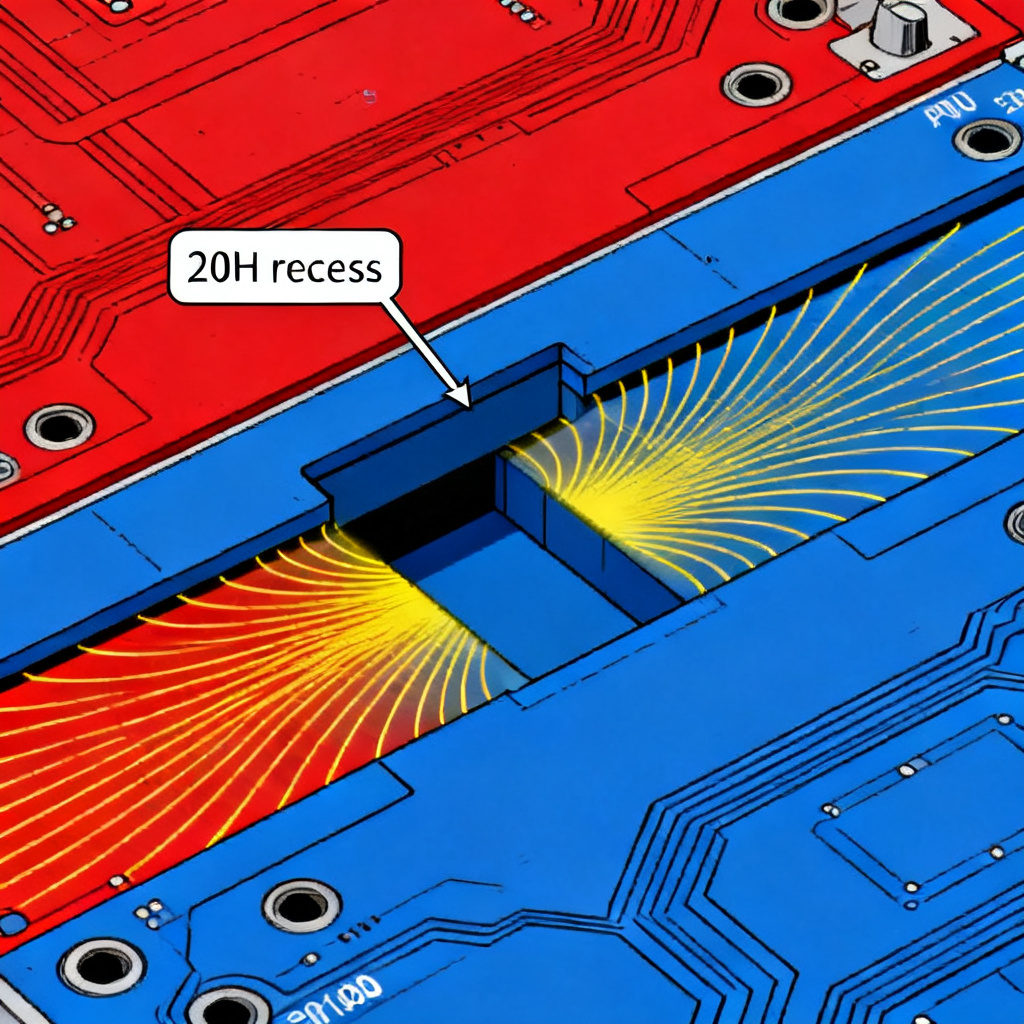 20H rule fringing field diagram for EMI EMC high speed PCB design showing electric field lines