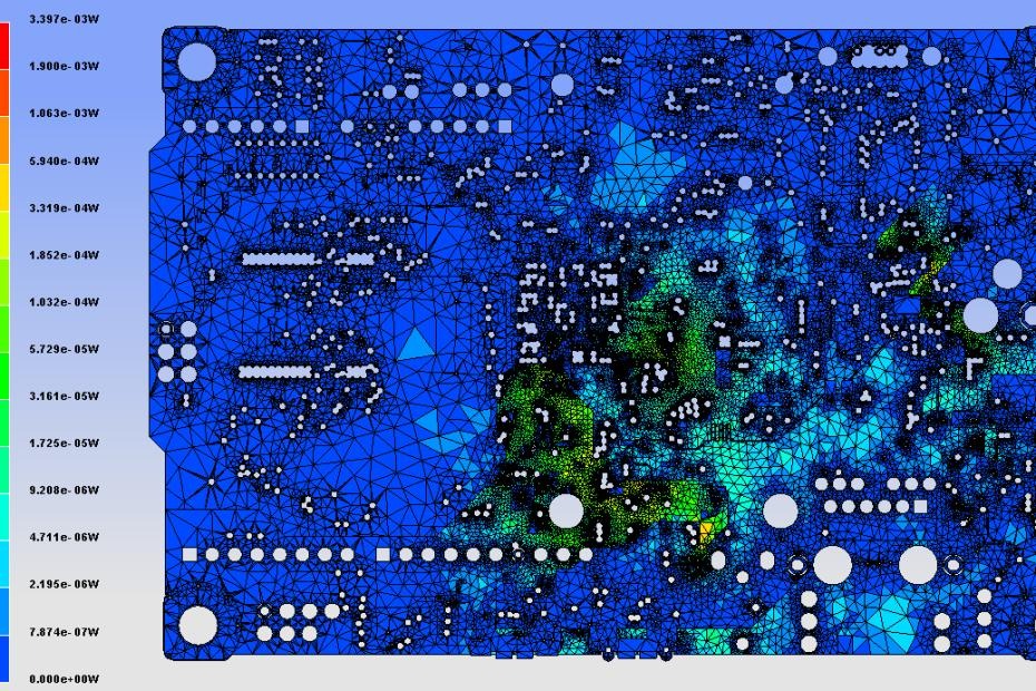 DC drop simulation for power integrity PCB validation showing voltage contour map on a multi-layer board