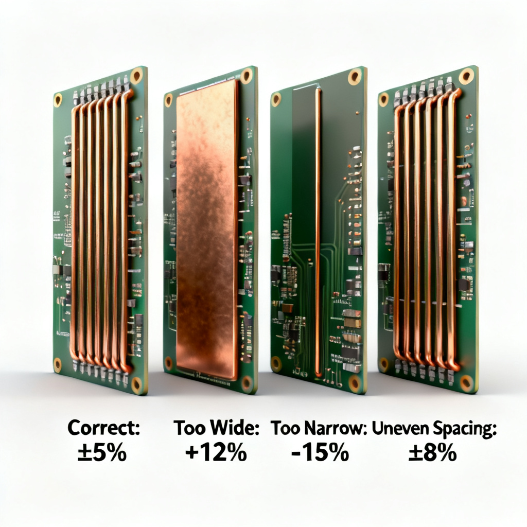 Common failures in impedance coupon testing showing trace width and spacing issues