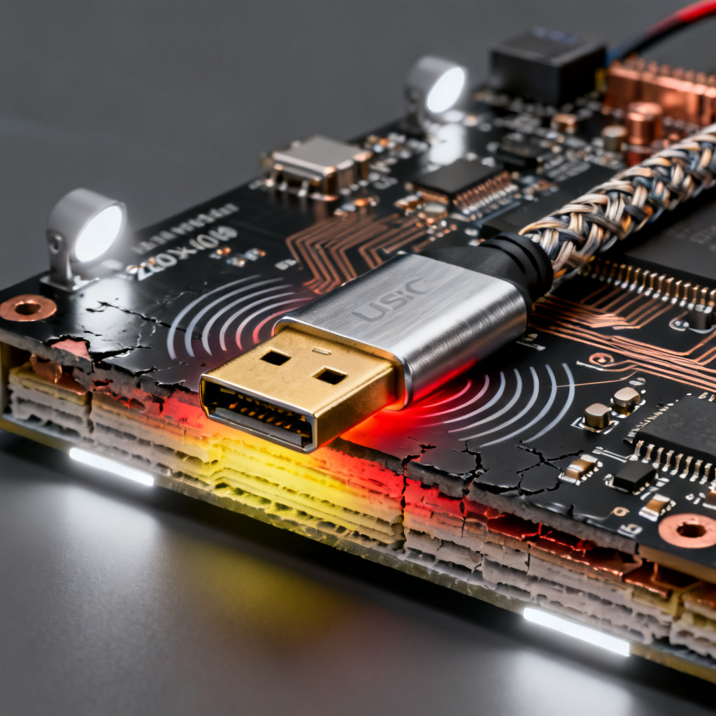 Common mode failure case study in high speed PCB design showing USB connector and cable