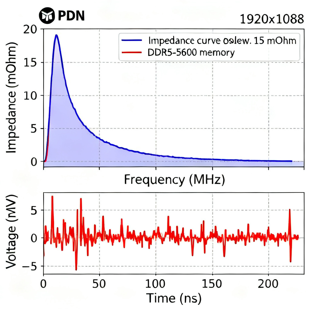 DDR5-5600 power rail simulation results showing impedance and transient response