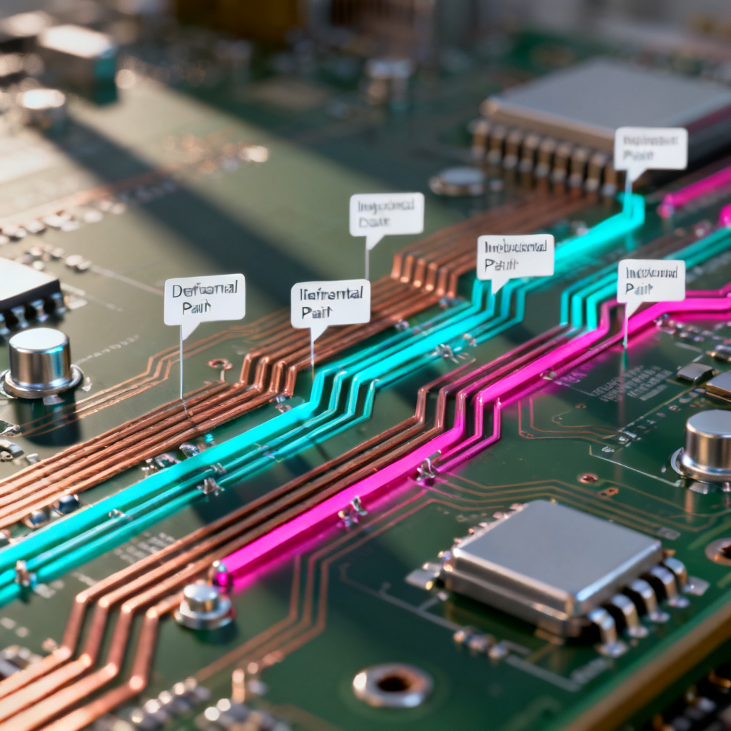 Differential pair impedance design in Altium Designer showing PCB layout with differential traces