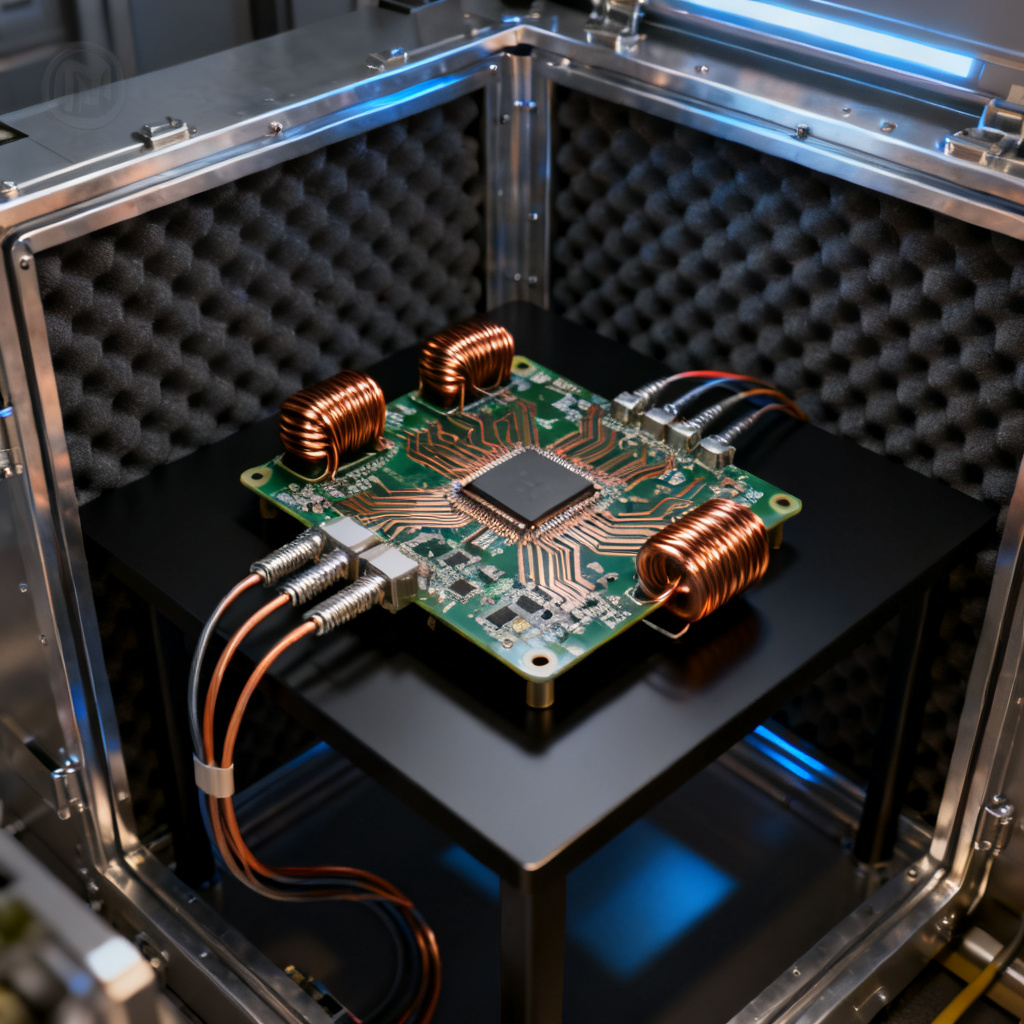 EMI EMC High Speed PCB preparation setup with cable management and ferrite chokes