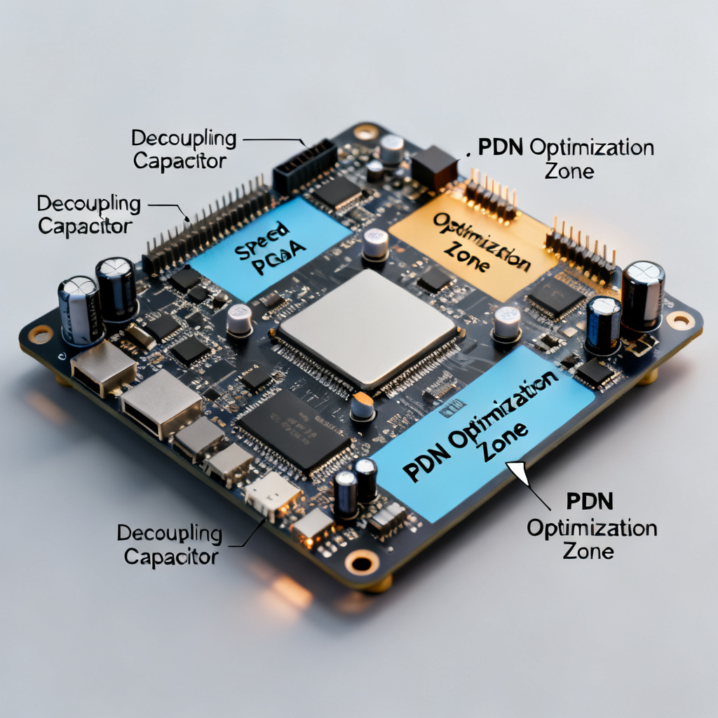 FPGA PDN optimization example showing decoupling capacitor placement and impedance improvement