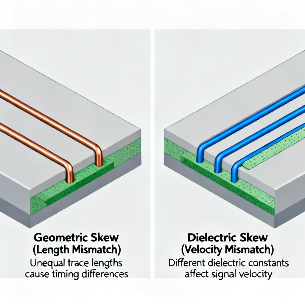 Geometric skew and dielectric skew comparison in differential pair PCB routing