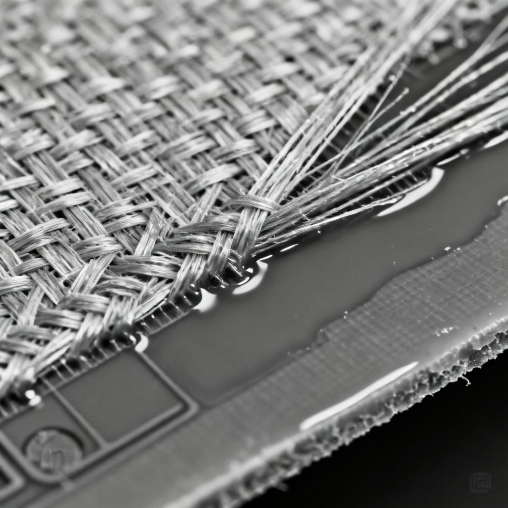 Glass weave PCB laminate microstructure showing fiber bundles and resin gaps