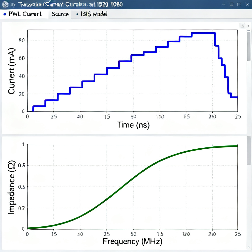 Load model IBIS and PWL simulation for Power Integrity PCB Modeling showing transient current profile