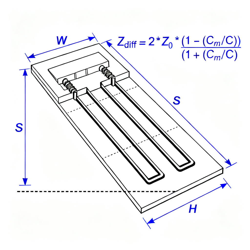 Microstrip differential pair impedance formula diagram with trace width spacing and dielectric height