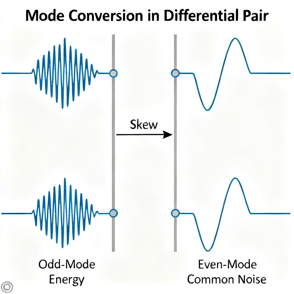 Mode conversion from differential to common mode caused by skew in high-speed PCB