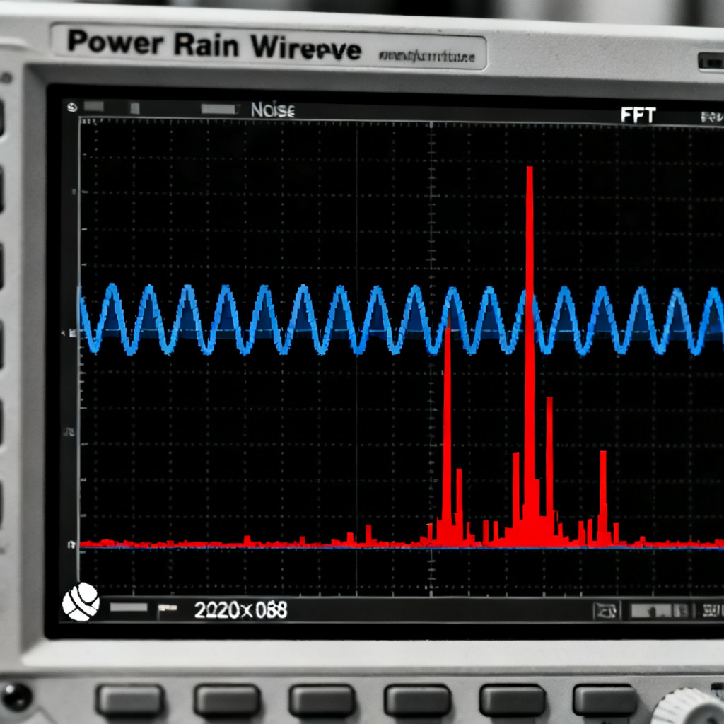 Oscilloscope waveform and FFT analysis of power rail ripple and noise on high-speed PCB