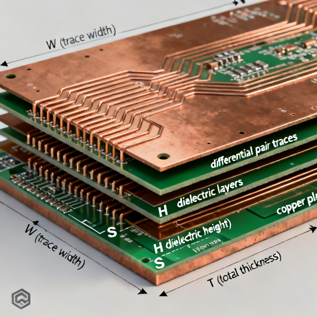 PCB stackup showing differential pair impedance parameters trace width spacing and dielectric height