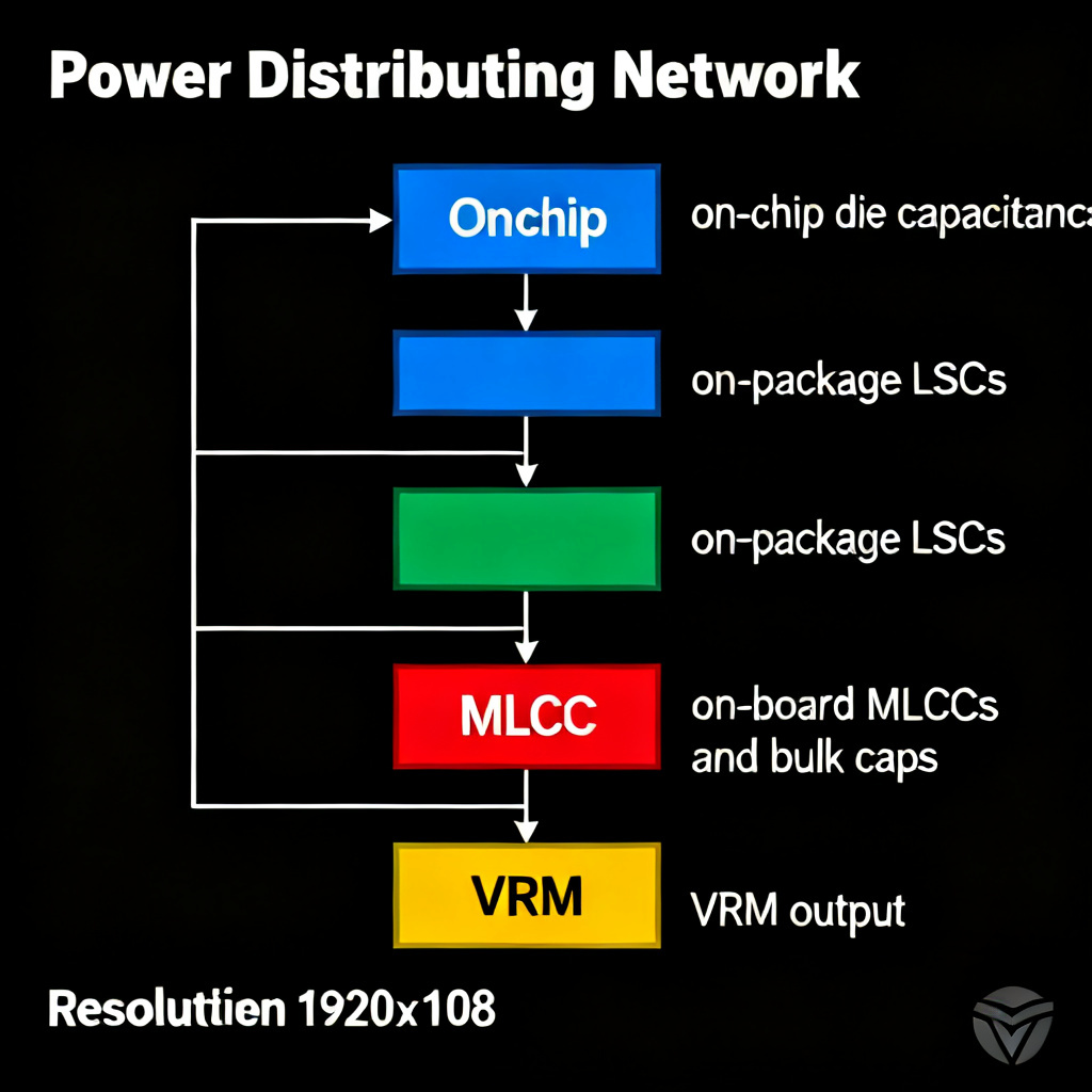 Four-stage decoupling strategy for Power Distribution Network showing on-chip on-package on-board and VRM stages