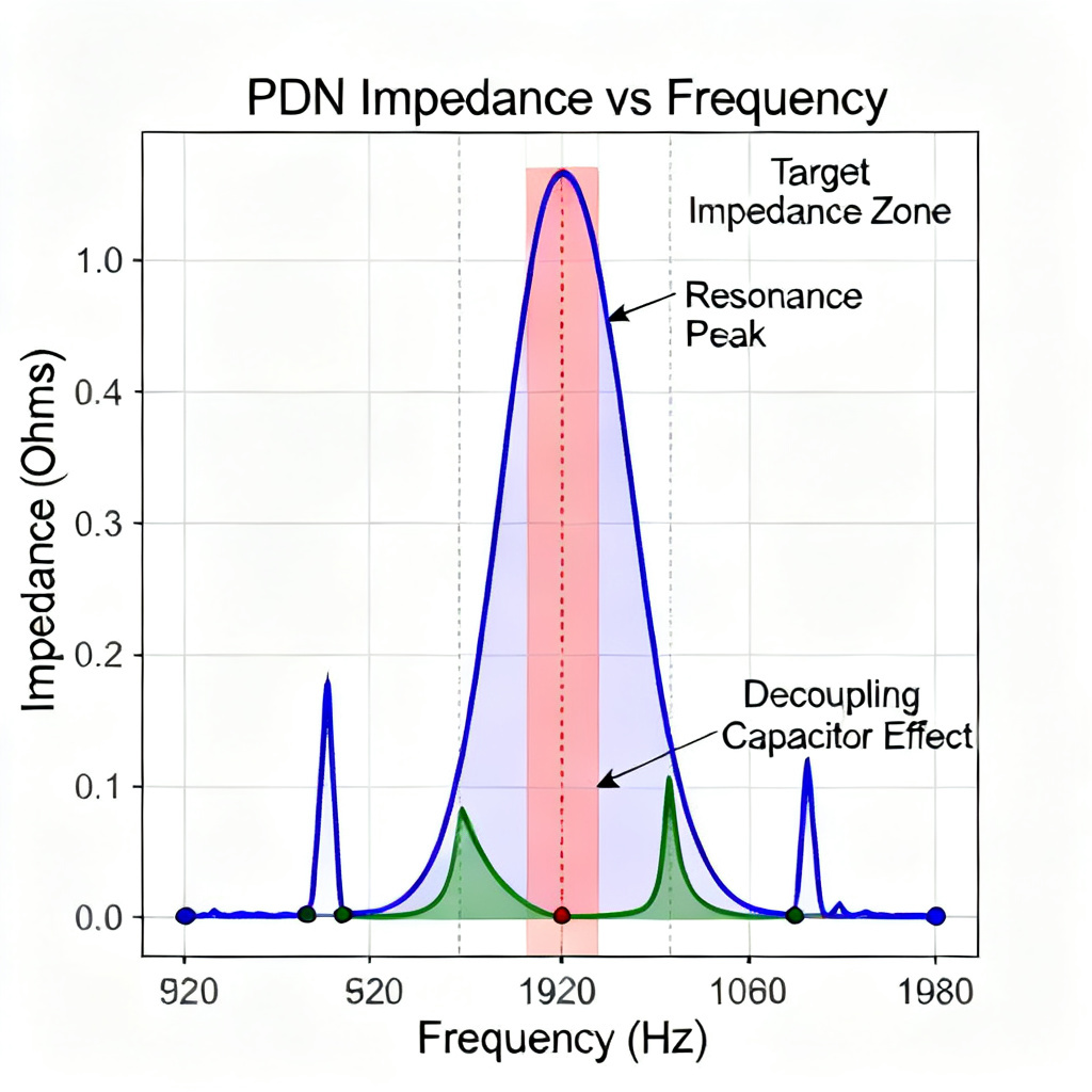 PDN impedance analysis for Power Integrity PCB Modeling showing target impedance curve and resonance peaks