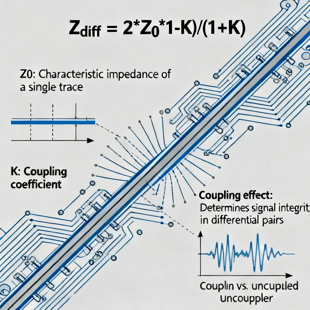 Primary formula Zdiff equals 2 Z0 times 1 minus K over 1 plus K for differential pair impedance