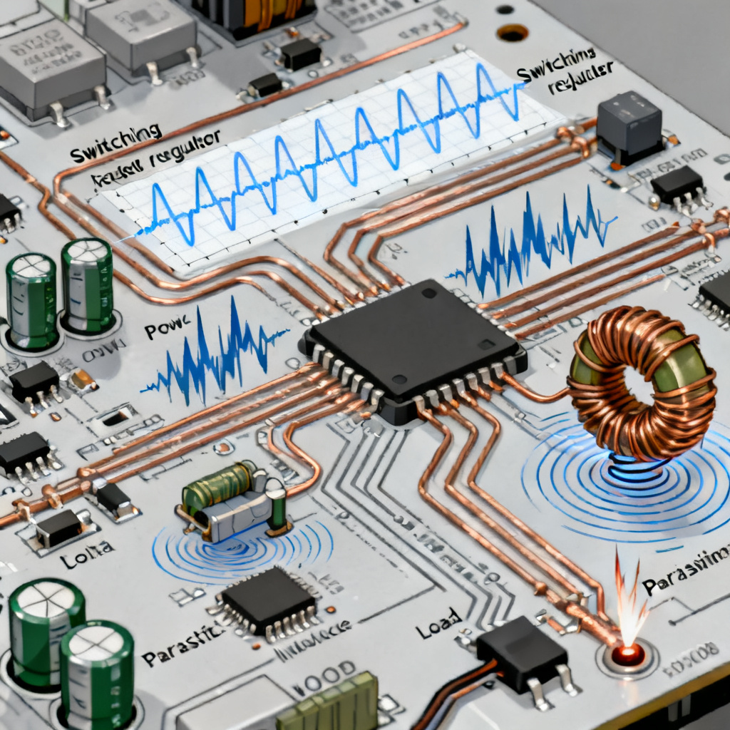 Sources of ripple and noise in power integrity PCB design including switching regulators and parasitic elements