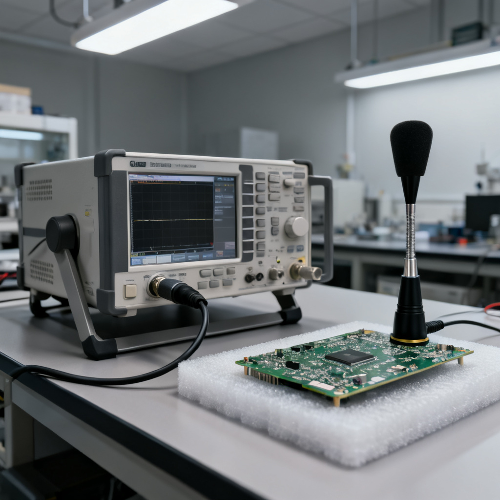 Spectrum analyzer setup with near field probe for high speed PCB EMI testing