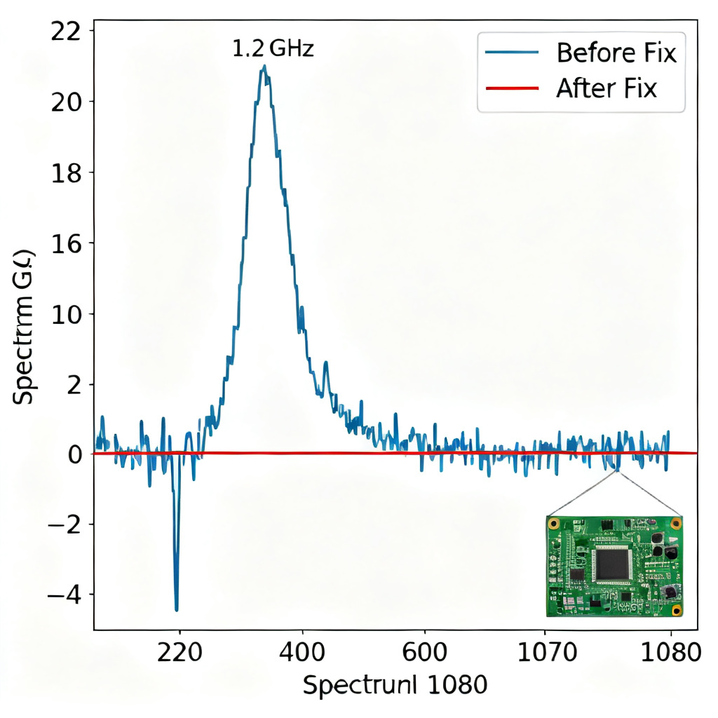 Split plane failure case study showing EMI emission spectrum before and after fix